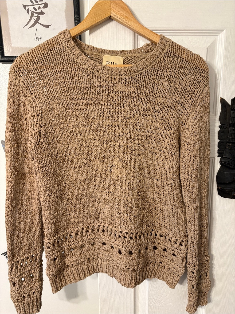 Elie Tahari Open-Weave Crewneck Sweater in Taupe